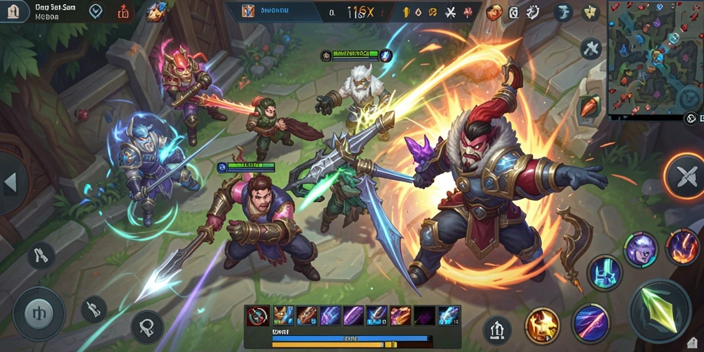 Screenshot utama gameplay 116X, menampilkan intensitas pertarungan MOBA.