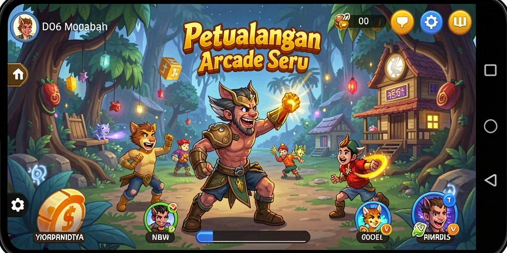 Tampilan gameplay seru D06 dengan karakter melawan rintangan di berbagai level.