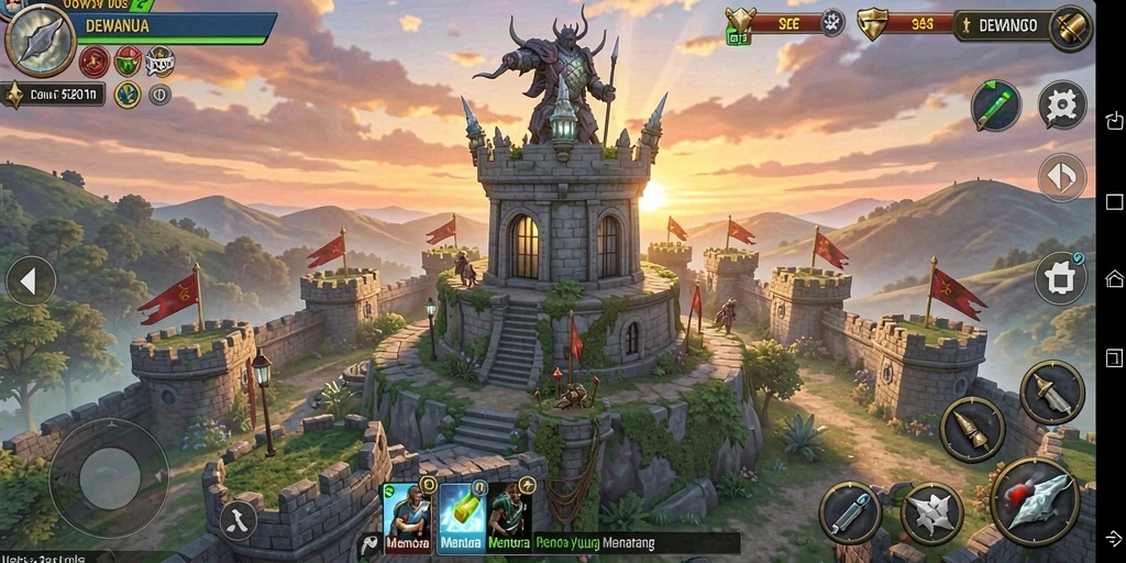 Tampilan gameplay DEWANUSA menunjukkan menara yang siap menghadapi serangan musuh.
