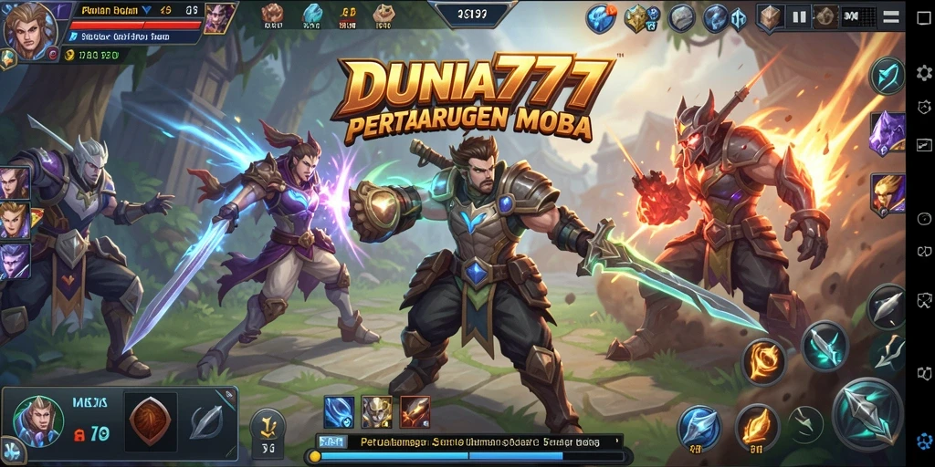Tampilan seru dari DUNIA777 saat bertempur di arena MOBA.