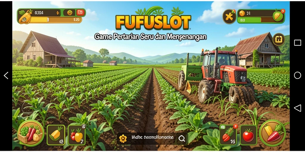 Screenshot FUFUSLOT menampilkan ladang yang hijau dan aktivitas berkebun.