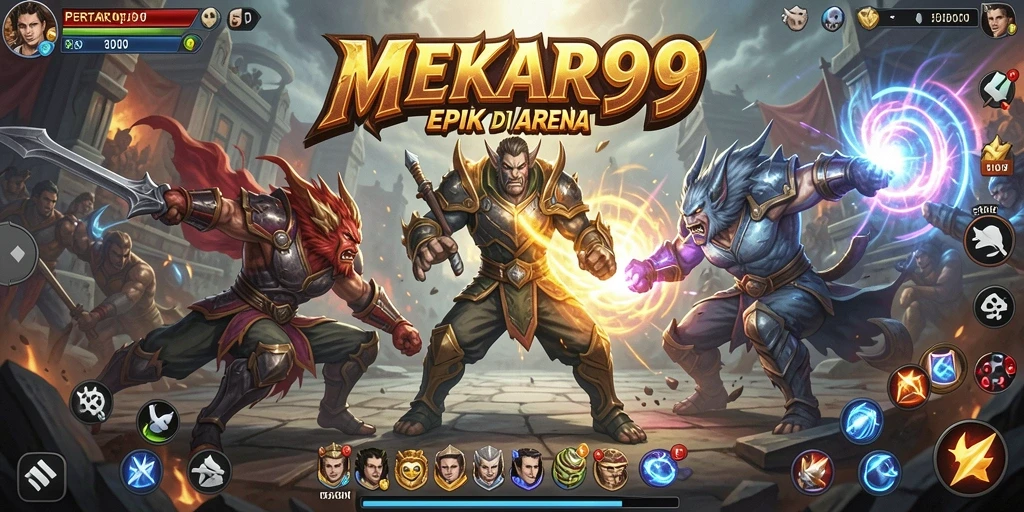 Screenshot gameplay <strong>MEKAR99</strong> dengan karakter bertarung di arena.