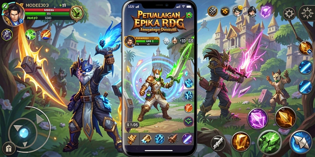 Tangkapan layar menampilkan karakter utama bertarung melawan monster besar di dunia RPG.