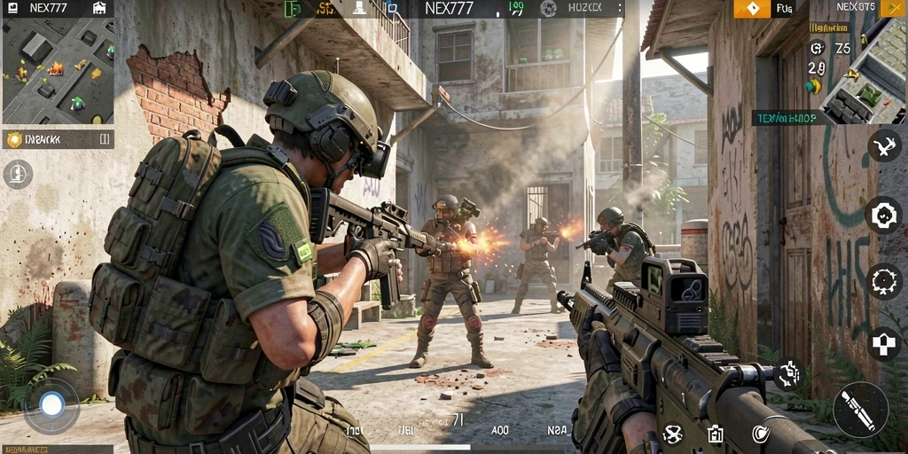 Screenshot utama NEX777 menampilkan aksi pertempuran FPS yang intens.