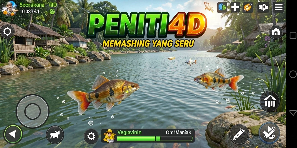 Tampilan gameplay PENITI4D dengan aksi memancing yang seru dan menarik.