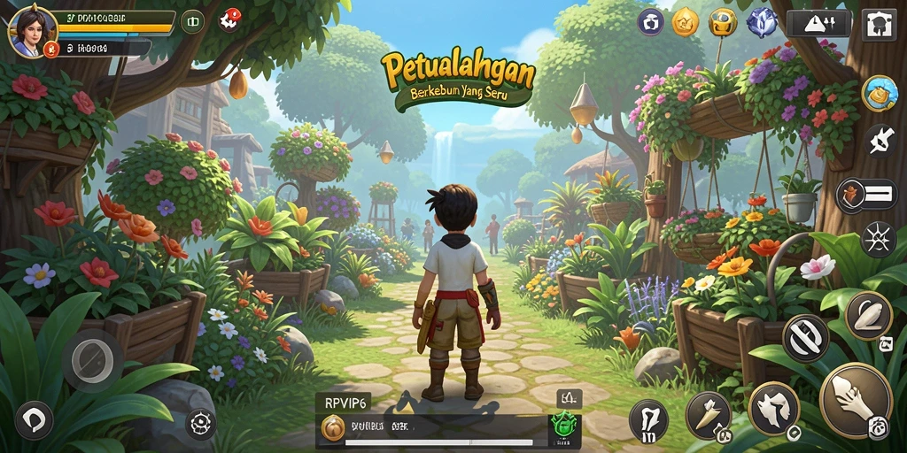 Tangkapan layar gameplay RPVIP6 menampilkan kebun yang indah dengan berbagai tanaman.